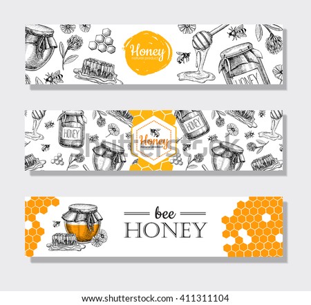 Vector hand drawn honey banners. Detailed engraved illustrations.Graphic honeycomb, bee, pod, flowers. Great banner, poster, flyer for business promote.