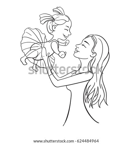 Mother and daughter outline vector illustration. Happy female family. Character design woman and her child. Great for mothers day card, banner, poster