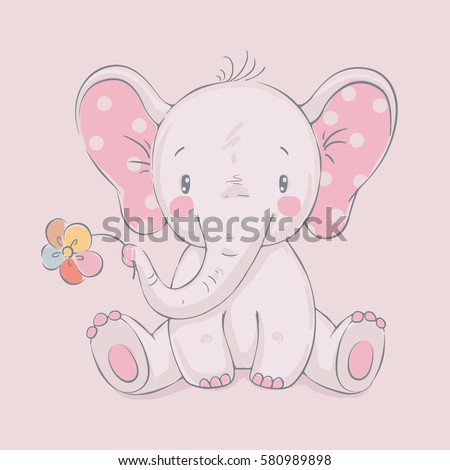 Cute elephant with a flower cartoon hand drawn vector illustration. Can be used for baby t-shirt print, fashion print design, kids wear, baby shower celebration greeting and invitation card.