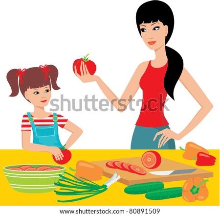 Mum learns the daughter to prepare. vector, white background