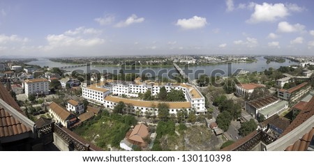 HUE, VIETNAM - FEBRUARY 6: Aerial view of Hue on February 6, 2013 in Hue, Vietnam. Hue is the capital city of Thua Thien province and it�´s population stands at about 340000 in 2012.