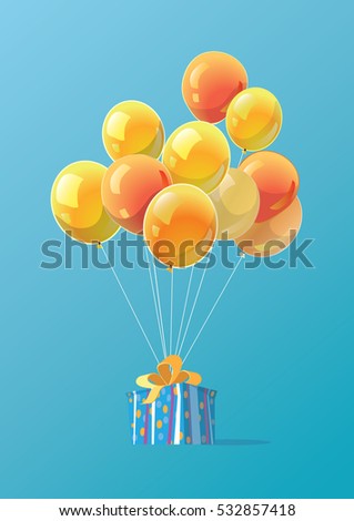 Bright poster with gift and balloons.Flying balloons.Vector Illustration.Surprise template of magazines, posters, book cover, banners.Christmas gift box.Gift tied to balloons