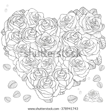 Heart Shaped Pattern For Coloring Book With Roses Floral Retro Doodle