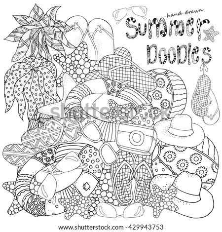 Hot Set Of Hand Drawn Summer Doodles ElementsStarfish Lifebuoy Sunglasses Ball