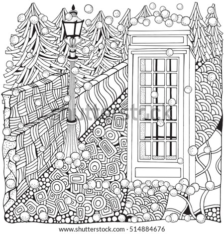 winter coloring book phone booth door stock vector