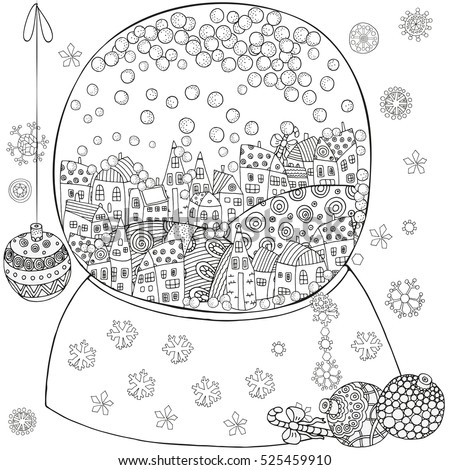 Winter Pattern For Adult Coloring Book Page With Artistically Houses And Snow Snowball Magic
