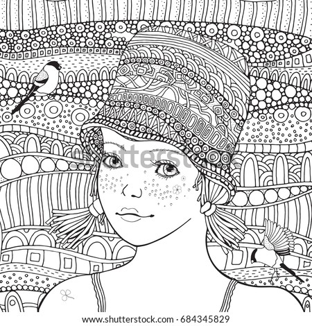 Cute Girl In A Knitted Hat And Little Bird Coloring Book Page For Adult