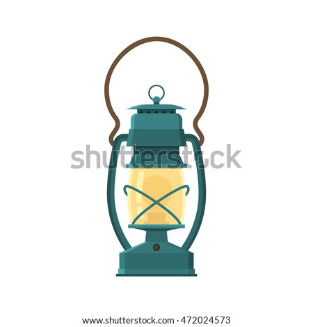 Vintage camping lantern isolated on white background. Retro gas lamp with glowing fire wick. Rustic tourist oil lantern vector illustration. Old lamp for hiking.