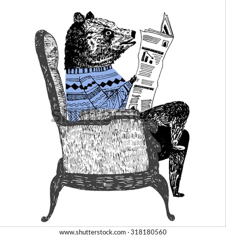 Bear Sitting On A Chair And Reading Newspaper In Sweater Delicate Handwork Bear Sitting On A Chair And Reading Newspaper In Sweater Delicate Handwork