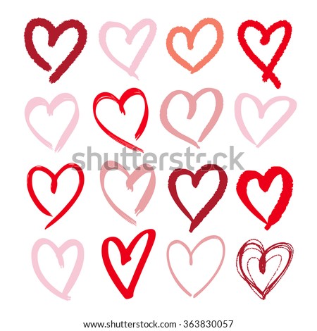 Set of hand drawn sketchy hearts. Vector grunge style icons collection. Illustration of the hand drawn hearts on the white background.