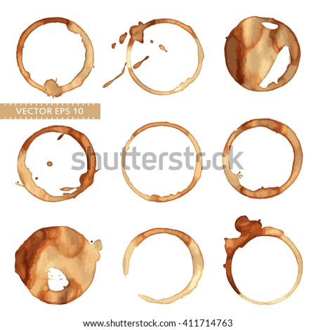 Vector set of traces of a coffee cup. Splashes and traces of coffee cup. Circles and rings on white background. Vector collection of coffee cup for menu, restaurant, cafe, bar, coffeehouse.