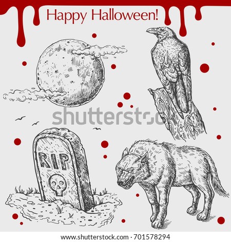 wolf raven evil illustration sketch vector stains headstone linear angry blood moon night shutterstock halloween drawn objects grey text happy