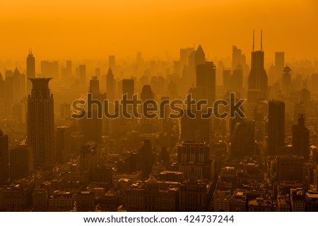 Shanghai skyline in smog.