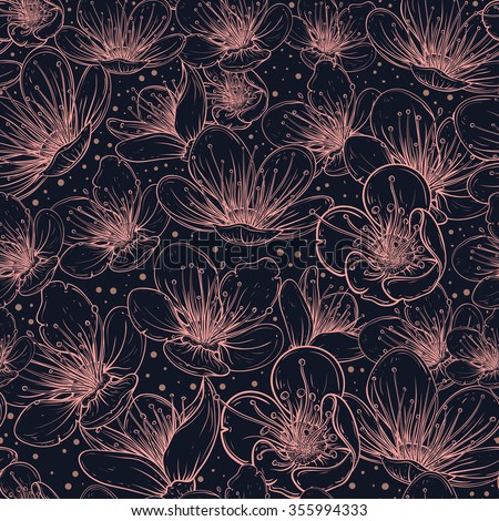 Seamless pattern with cherry tree blossom. Vintage hand drawn vector illustration in sketch style.