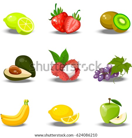 Very high quality original trendy vector set of realistic juicy fruits. lime, strawberry, kiwi, lychee, grape, lemon, apple, banana, feijoa Fully editable vector