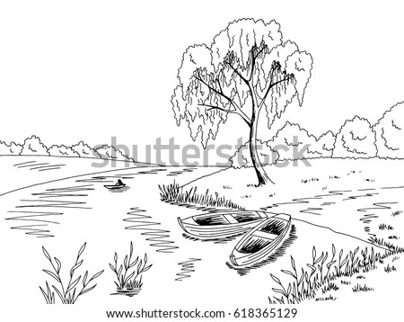 River Boat Graphic Black White Landscape Stock Vector 618365129 ...