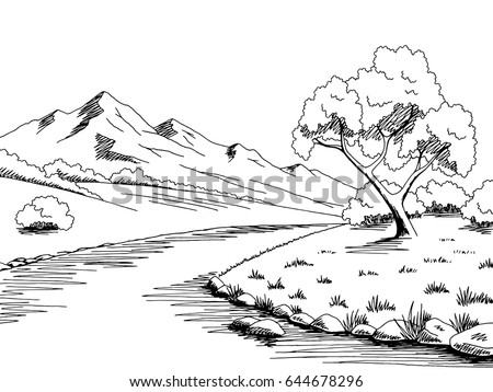 Mountain River Graphic Black White Landscape Stock Vector 644678296 ...