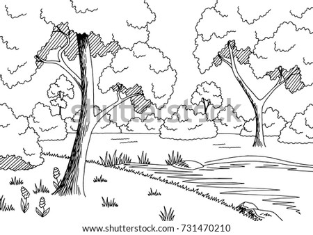 Vector Drawing Forest Landscape Stream Through Stock Vector 61619695 ...