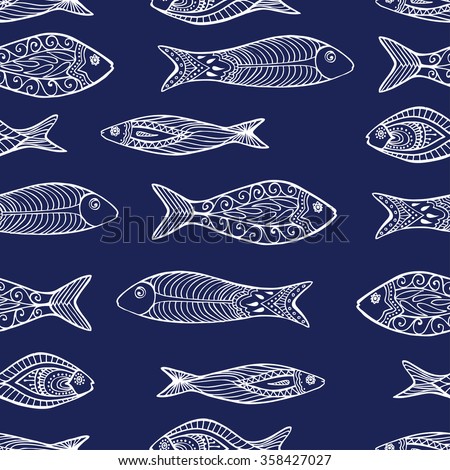 Vector seamless pattern. Beautiful hand drawn colorful fishes with floral elements