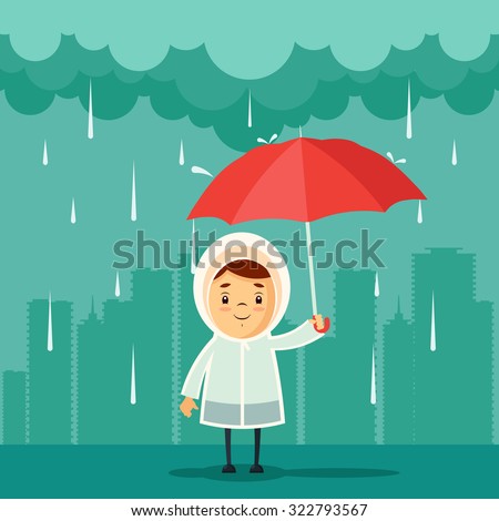 Cute Cartoon Kid with Umbrella Standing Under the Rain. Buildings Silhouettes on Background. Vector Illustration