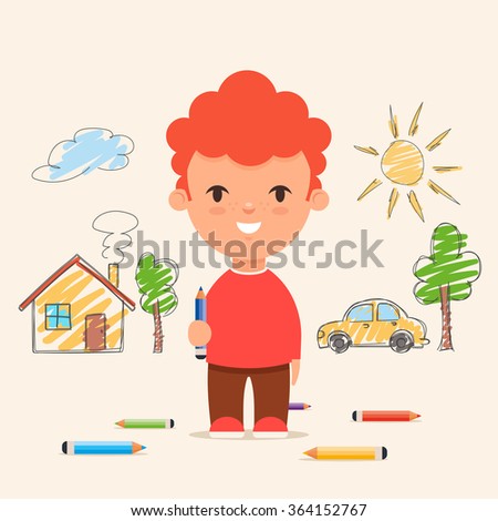 cute cartoon kid drawing house car and trees on the wall colorful vector illustration - Cartoon Kid Drawing cute cartoon kid drawing house car and trees on the wall colorful vector illustration - Cartoon Kid Drawing