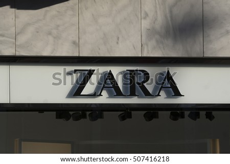 Berlin, Germany - April 26, 2016: Zara logo. This textile company, through its network of stores and online, sells worldwide low-priced clothing, accessories and footwear for men, women and children
