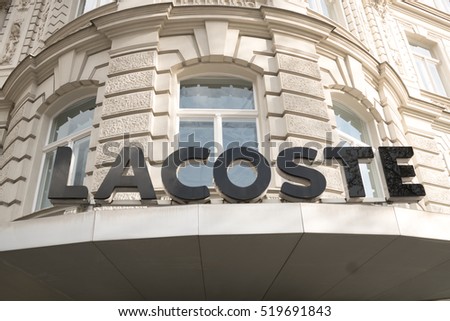 Berlin, Germany - April 26, 2016: Lacoste store. Lacoste is a French clothing company. It was founded in 1933 by tennis players René Lacoste and André Gillier that sells most famously polo shirts