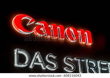 Cologne, Germany - January 29, 2017: Canon shop. That is a Japanese multinational corporation manufacturing imaging and optical products, including cameras, camcorders, photocopiers, computer printers