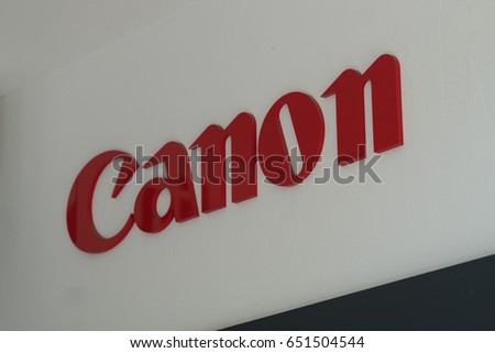 Berlin, Germany - May 19, 2017: Canon shop. That is a Japanese multinational corporation manufacturing imaging and optical products, including cameras, camcorders, photocopiers, computer printers