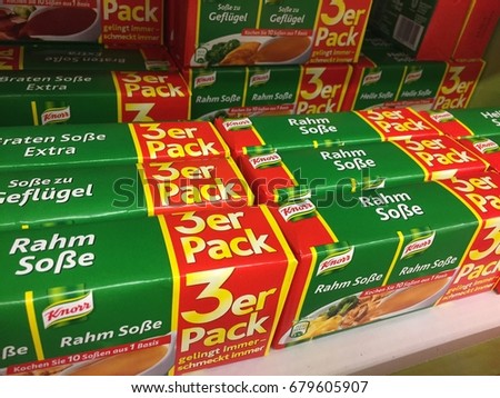 Berlin, Germany - May 6, 2017: Knorr products on supermarket shelf. Knorr is a German food and beverage brand. It is owned by the English-Dutch company Unilever since 2000