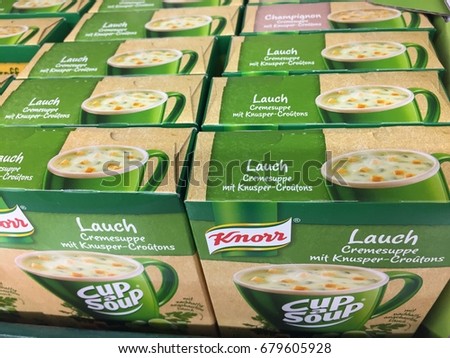 Berlin, Germany - May 6, 2017: Knorr products on supermarket shelf. Knorr is a German food and beverage brand. It is owned by the English-Dutch company Unilever since 2000