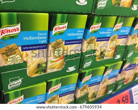 Berlin, Germany - May 6, 2017: Knorr products on supermarket shelf. Knorr is a German food and beverage brand. It is owned by the English-Dutch company Unilever since 2000