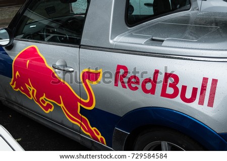 Berlin, Germany - July 10, 2017: Red Bull logo. Red Bull is an energy drink sold by Austrian company Red Bull GmbH, created in 1987. It has the highest market share of any energy drink in the world
