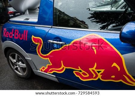 Berlin, Germany - July 10, 2017: Red Bull logo. Red Bull is an energy drink sold by Austrian company Red Bull GmbH, created in 1987. It has the highest market share of any energy drink in the world