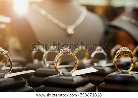 Jewelry Diamond Rings And Necklaces Show In Luxury Retail Store Window Display Showcase Jewelry Diamond Rings And Necklaces Show In Luxury Retail Store Window Display Showcase