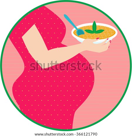 Food for pregnant. Silhouette of pregnant woman with bowl of porridge. Icon. Vector