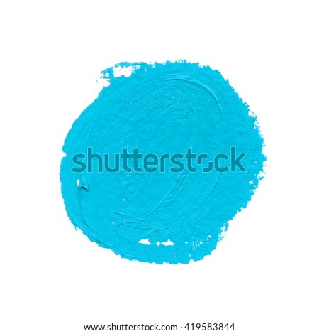 spot and daub of light blue paint insulated on white paper. circle. hand drawn with real materials