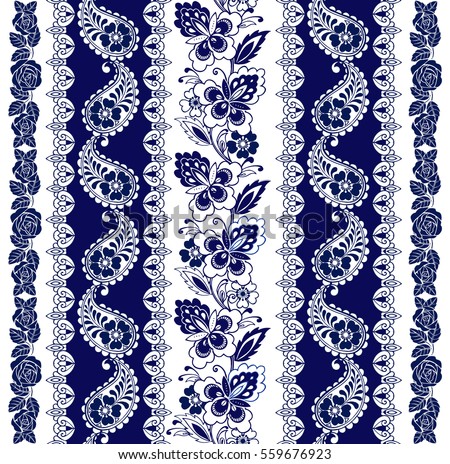 Set of Lace Bohemian Seamless Borders. Stripes with Blue Floral Motifs, Roses, Paisleys. Decorative ornament backdrop for fabric, textile, wrapping paper.
