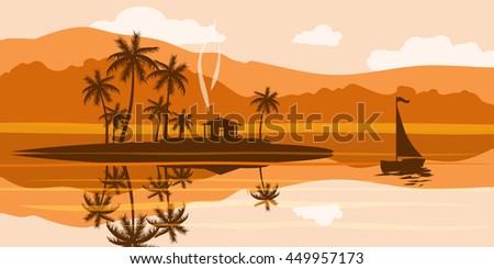 Seascape at sunset, tropical, palm trees, island, cabin, sailing, ocean, vector illustration