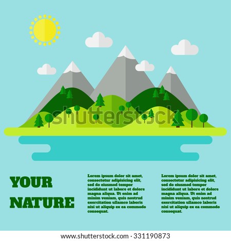 Landscape. Isolated nature landscape with mountains, hills. river and trees on background. Summer landscape. Landscape background with text sample. Flat style vector illustration.