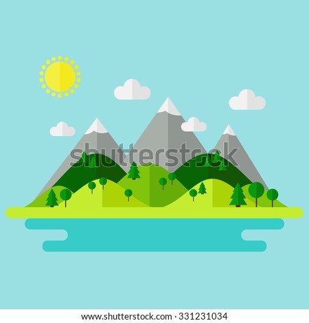 Landscape. Isolated nature landscape with mountains, hills. river and trees on background. Summer landscape. Flat style vector illustration.