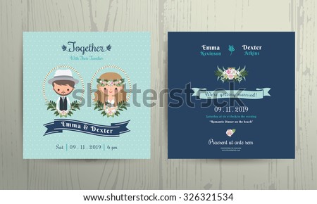 Wedding invitation card beach theme cartoon bride and groom portrait on wood background