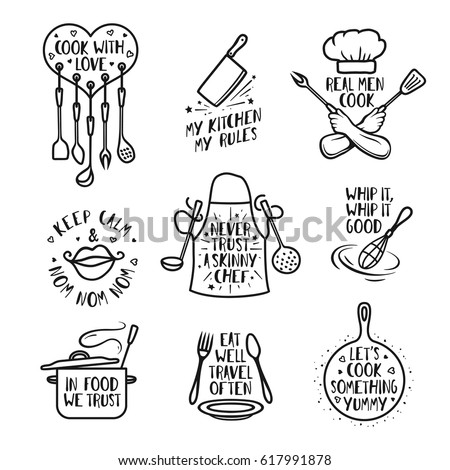 stock vector hand drawn kitchen quotes set phrases and funny sayings about cooking food wall decor art prints 617991878