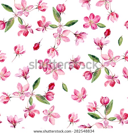 Apple blossom watercolor seamless pattern. Beautiful vector hand drawn texture. Romantic background for web pages, wedding invitations, textile, wallpaper. Vector, Isolated on white background.