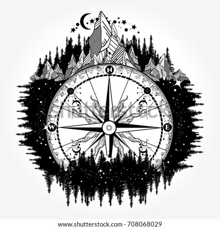 Mountain Antique Compass Wind Rose Tattoo Stock Vector ...