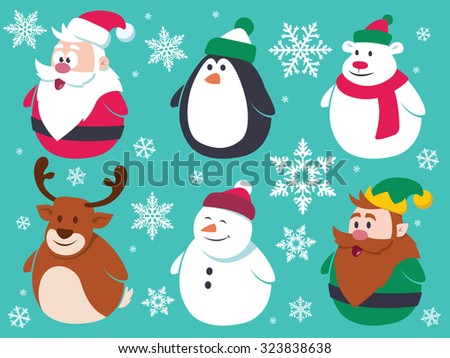Christmas flat characters set. Contain cute vector cartoon characters like santa claus, penguin, polar bear, reindeer, snowman and a little elf.