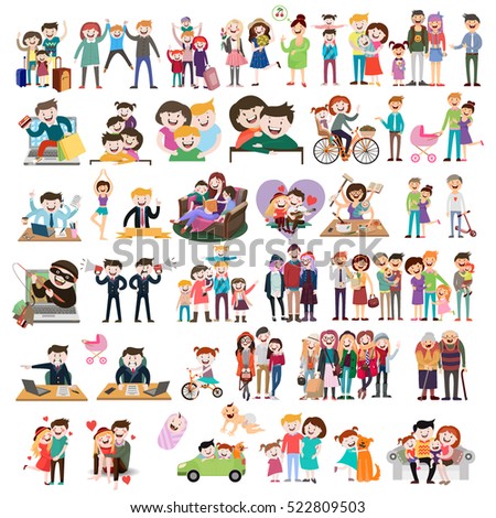 set of happy family, people, with their suitcases family, dinner ,mom reads a story to children, large, Muslim, fashion illustration, stylish teenagers, friendship , vector