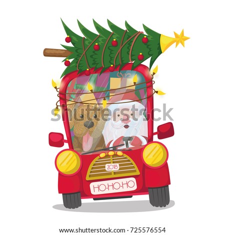 Santa Claus is riding a red car with a dog, a Christmas tree, gifts and a garland. vector illustration, holidays, christmas, new year