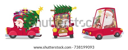 set of santa claus on a red car carries gifts and a Christmas tree. Merry christmas and a happy new year. vector