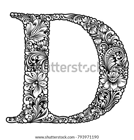 Vector Black And White Initial Letter D With Flowers Floral Vintage Ornament For Design Capital